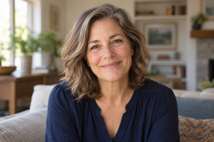 A woman looking warmly toward the camera, illustrating a personal video message